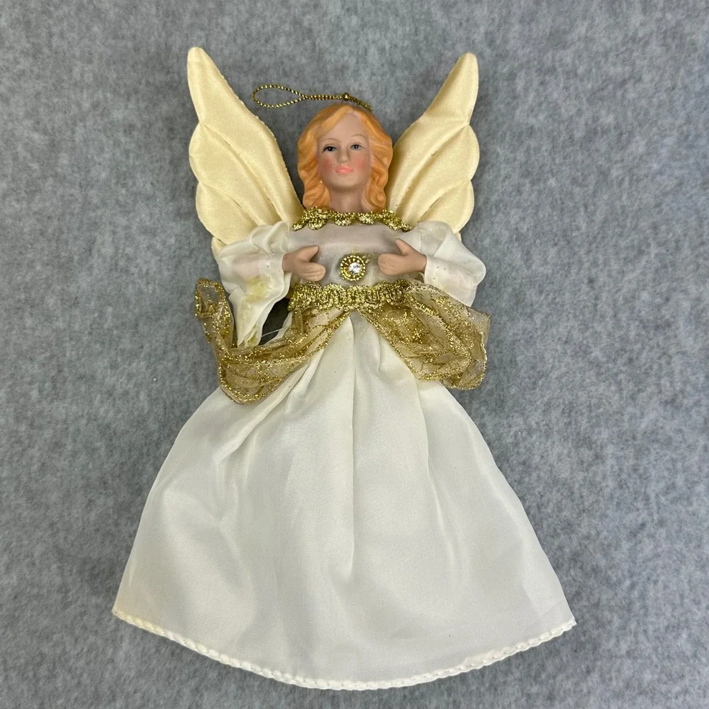 Vintage Angel Tree Topper Ornament Gold Cream Satin Resin Face 8.5 Inch‎